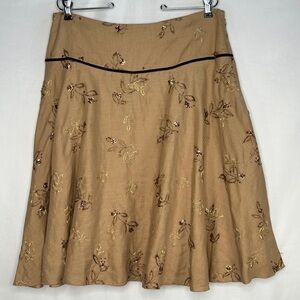 Nine West Skirt Beige Brown Floral Flare Side Zip Lined Embellished Linen Sz 12
